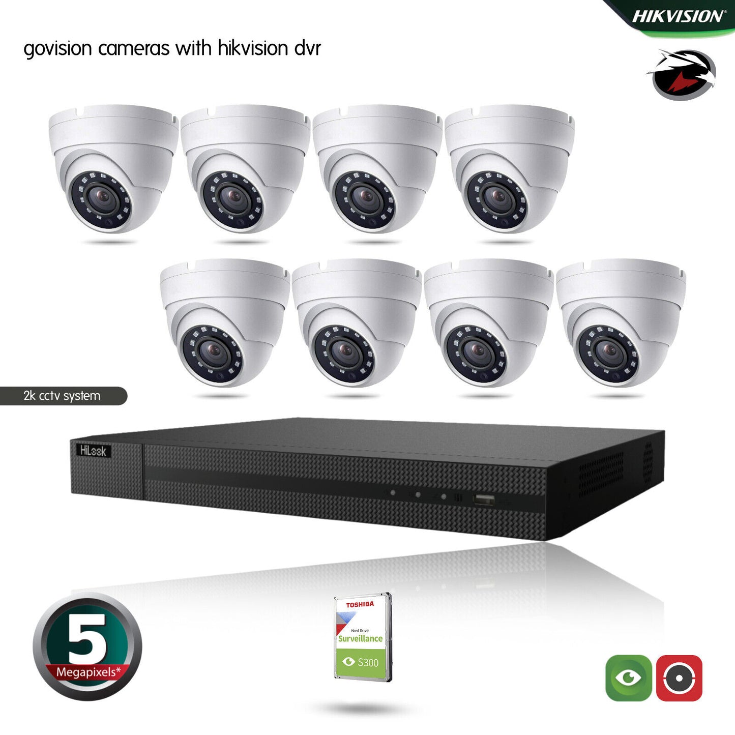 HIKVISION 5MP CCTV FULL HD NIGHT VISION OUTDOOR DVR HOME SECURITY SYSTEM KIT UK 8CH DVR 8xCameras (white) 3TB HDD