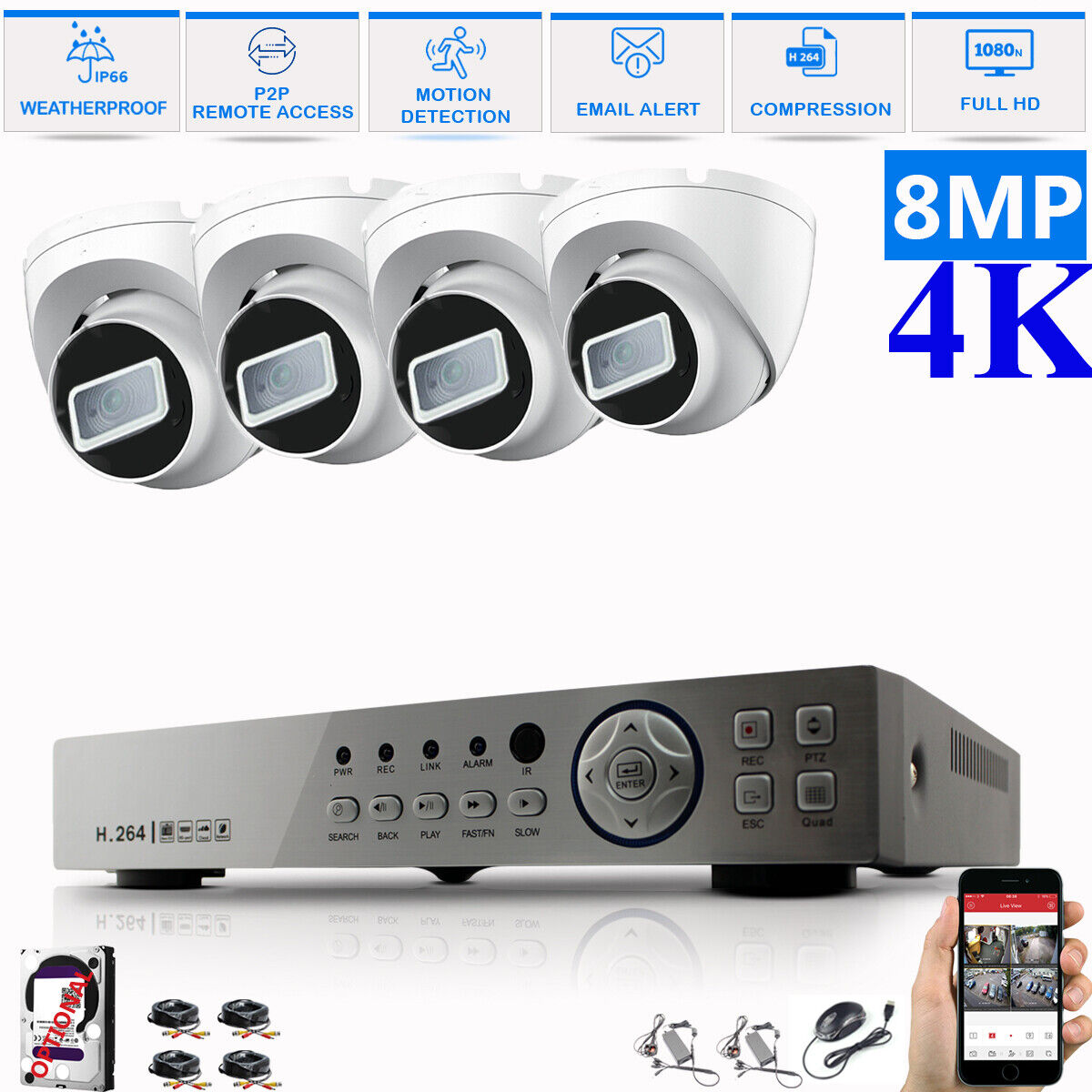 8MP CCTV 4K KIT DVR SYSTEM OUTDOOR ULTRA HD HOME CAMERA SECURITY KIT NIGHTVISION 8CH DVR 4xCameras (white) 4TB HDD