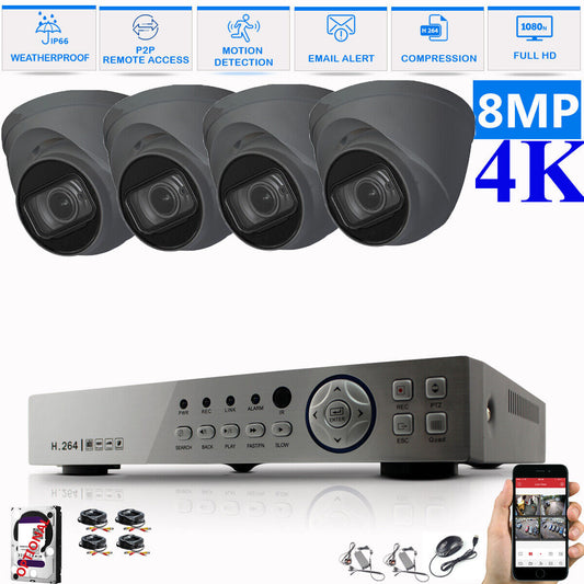 8MP CCTV 4K KIT DVR SYSTEM OUTDOOR ULTRA HD HOME CAMERA SECURITY KIT NIGHTVISION 8CH DVR 4xCameras (gray) 4TB HDD