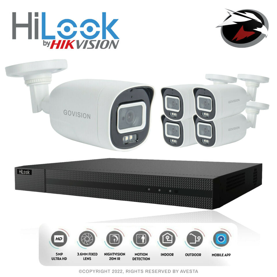 HIKVISION HILOOK 5MP CCTV SYSTEM DVR FULL HD 24/7 HOURS COLORFUL CAMERA KIT UK 8CH DVR 5x Cameras (white) 3TB HDD