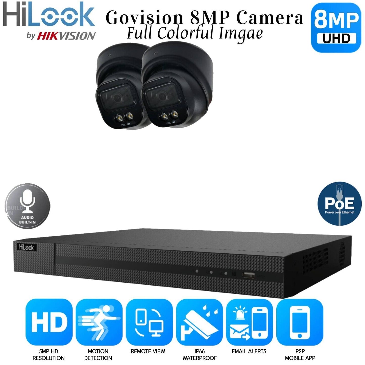 4K HIKVISION COLORVU AUDIO CCTV SYSTEM IP POE NVR 8MP CAMERA MIC NIGHTVISION KIT 4CH NVR 2xCameras (black) 4TB HDD