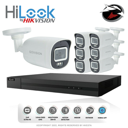 HIKVISION HILOOK 5MP CCTV SYSTEM DVR UHD 24/7 HOURS COLORFUL NIGHTVISION CAMERA 8CH DVR 7xCameras (white) 1TB HDD