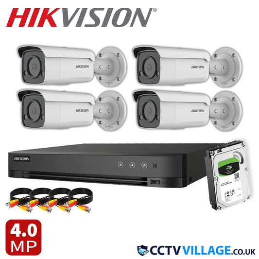 Hikvision 4x Camera Kit 4 Channel 1080p 1U H.265 AcuSense DVR with 6TB HDD 4MP ColorVu Strobe Light and Audible Warning Fixed Bullet Network Camera (DS-2CD2T47G2-LSU/SL)