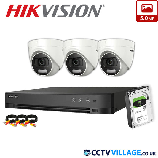 Hikvision 3x Camera Kit 4 Channel 1080p 1U H.265 AcuSense DVR with 1TB HDD 5MP ColorVu Fixed Turret Camera DS-2CE72HFT-F(3.6mm)
