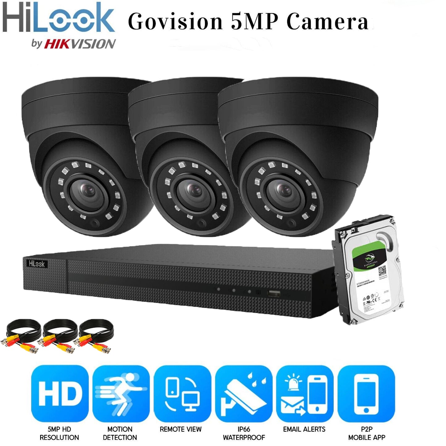 HIKVISION 5MP CCTV FULL HD NIGHT VISION OUTDOOR DVR HOME SECURITY SYSTEM KIT UK 4CH DVR 3xCameras (gray) 2TB HDD