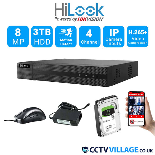 HIKVISION HILOOK 4 CHANNEL CCTV DVR HDMI 4K FULL HD 8MP RECORDER AHD HDMI UK (DVR-204U-M1) 3TB HDD