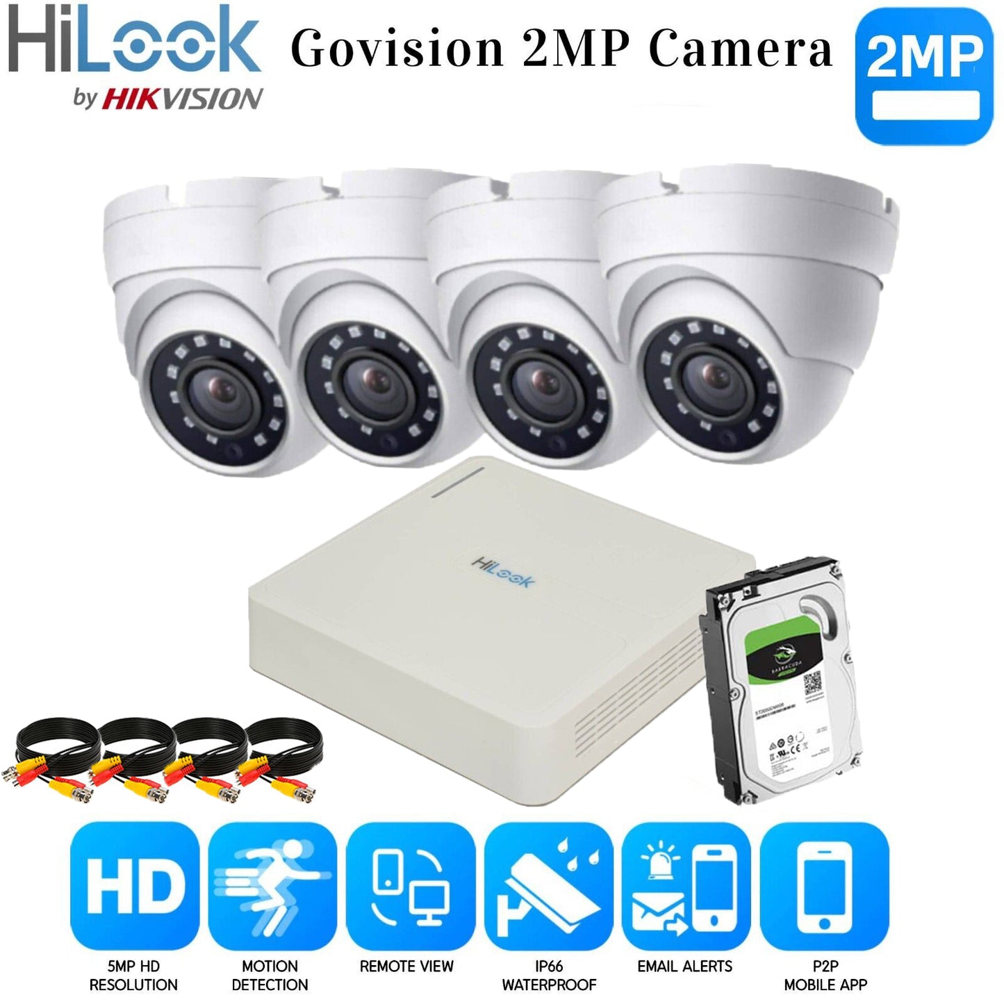 Hikvision Home Outdoor CCTV Security Camera System Kit HD 1080P 4CH DVR IR NIGHT 4CH DVR 4xCameras (white) 500GB HDD