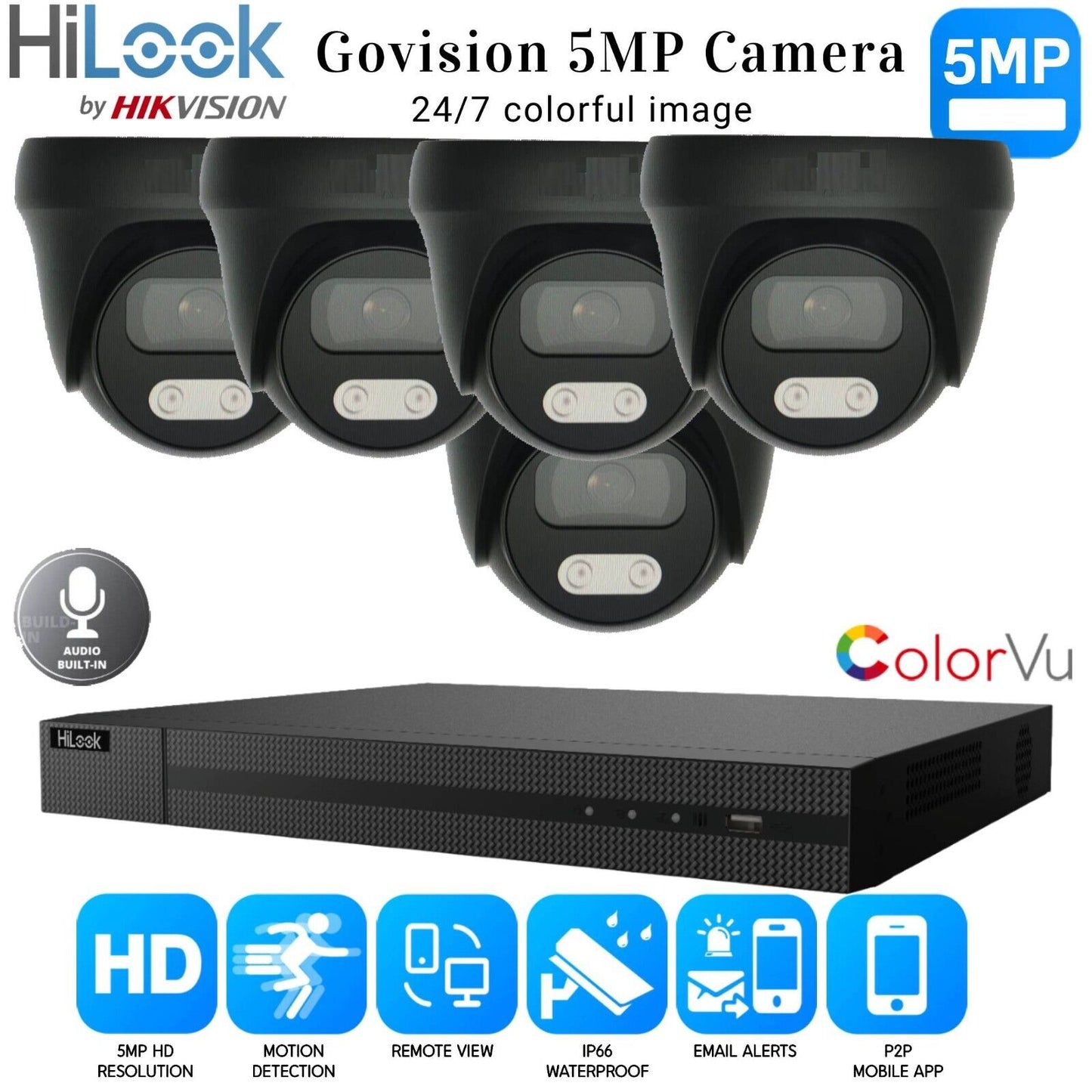 HIKVISION CCTV SYSTEM 5MP AUDIO MIC CAMERA ColorVU SECURITY KIT Mobile bundle UK 8CH DVR 5xCameras (gray) 4TB HDD