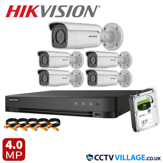 Hikvision 5x Camera Kit 8 Channel 1080p 1U H.265 AcuSense DVR with 1TB HDD 4MP ColorVu Strobe Light and Audible Warning Fixed Bullet Network Camera (DS-2CD2T47G2-LSU/SL)