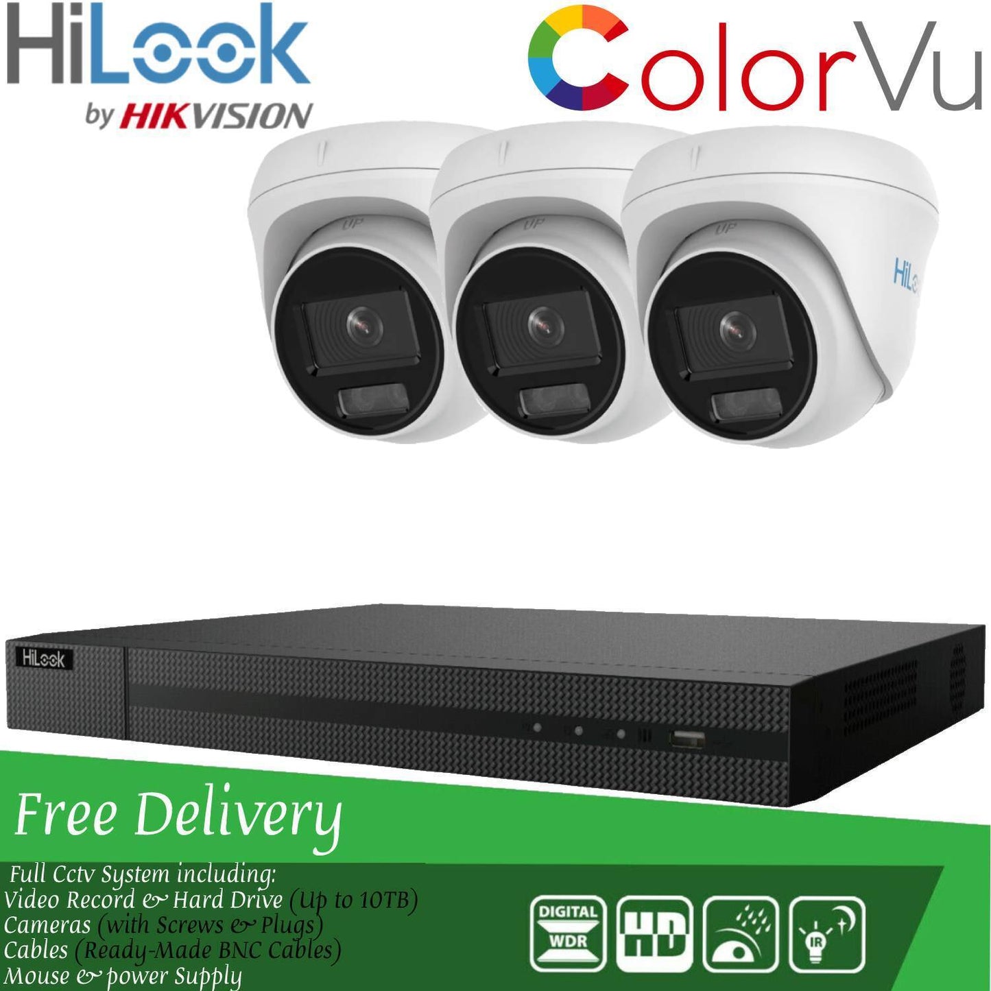 HiLook COLORVU POE CCTV SYSTEM IP UHD 8MP NVR 4K 5MP 24/7 COLORVU CAMERA KIT 4CH NVR 3x Cameras (white) 1TB HDD