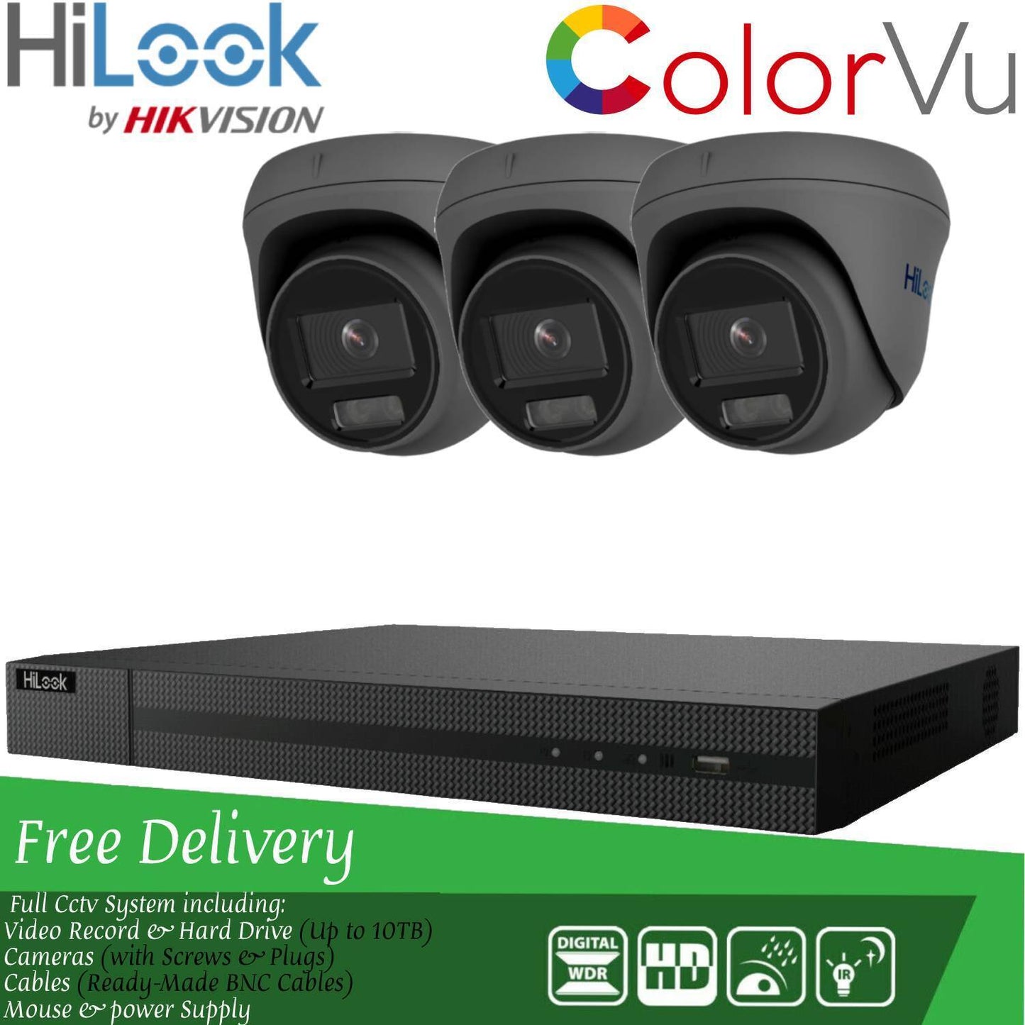 HiLook COLORVU POE CCTV SYSTEM IP UHD 8MP NVR 4K 5MP 24/7 COLORVU CAMERA KIT 4CH NVR 3x Cameras (grey) 1TB HDD