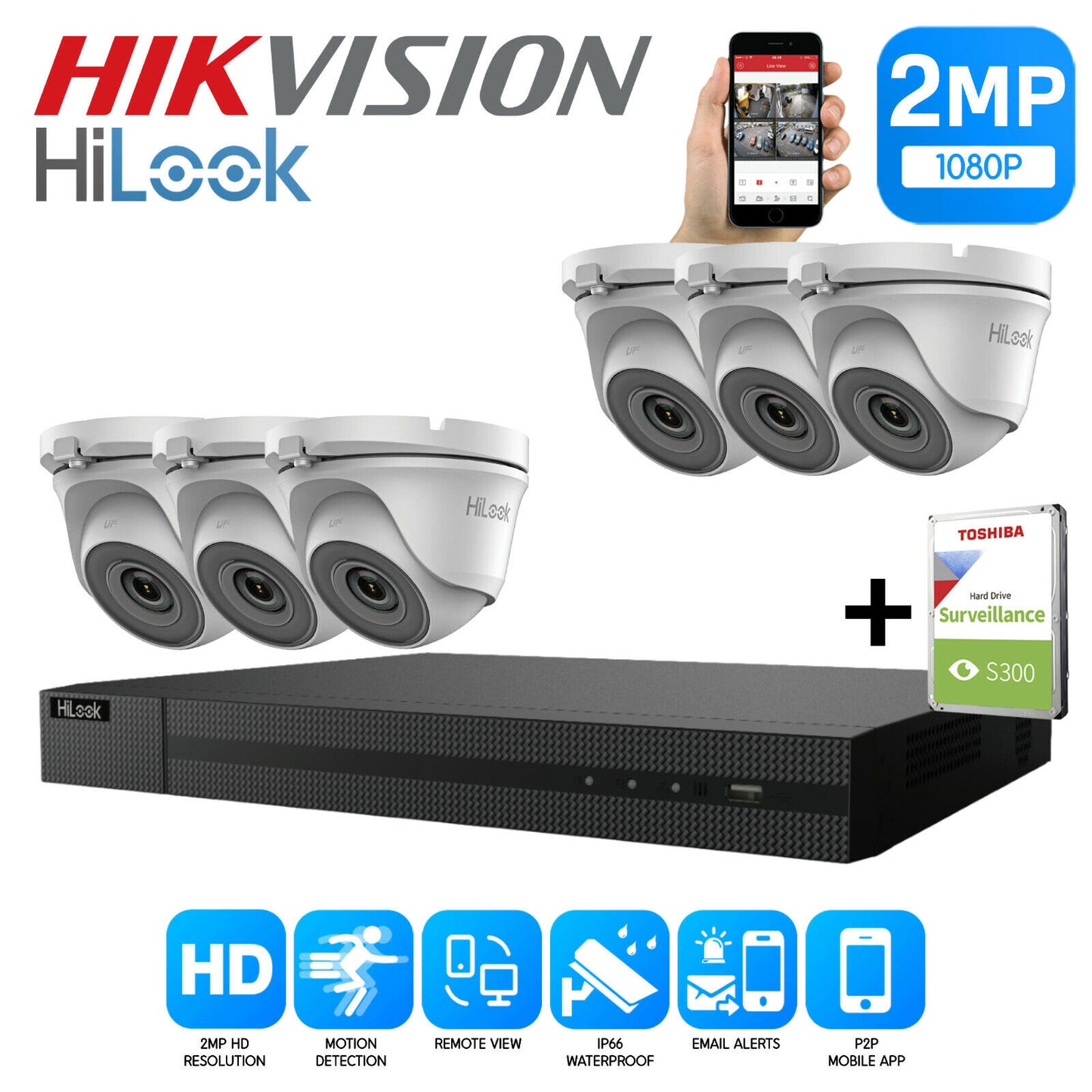 HIKVISION HILOOK CCTV SYSTEM KIT 8CH DVR 2MP TURRET CAMERA DAY/NIGHT UK 8CH DVR 6xCameras (white) 3TB HDD