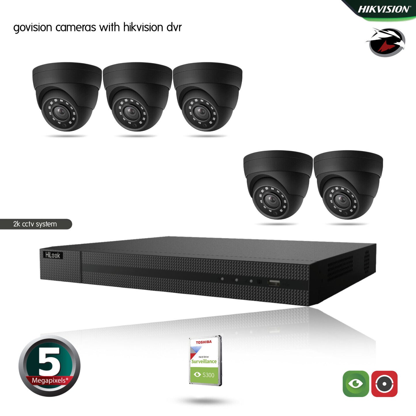 HIKVISION HILOOK CCTV SYSTEM 5MP DVR OUTDOOR NIGHTVISION SECURITY HD CAMERA KIT 8CH DVR 5xCameras 1TB HDD