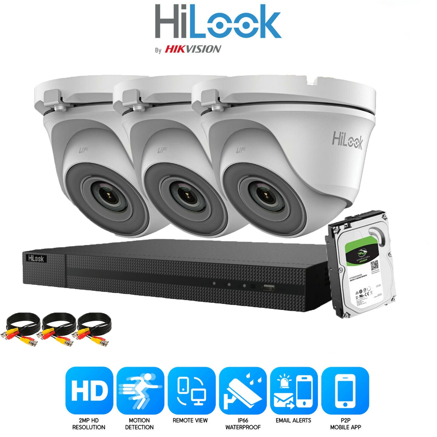 Hilook 2MP Full CCTV Security System. 4CH DVR and 3x Turret Cameras and 2TB HDD