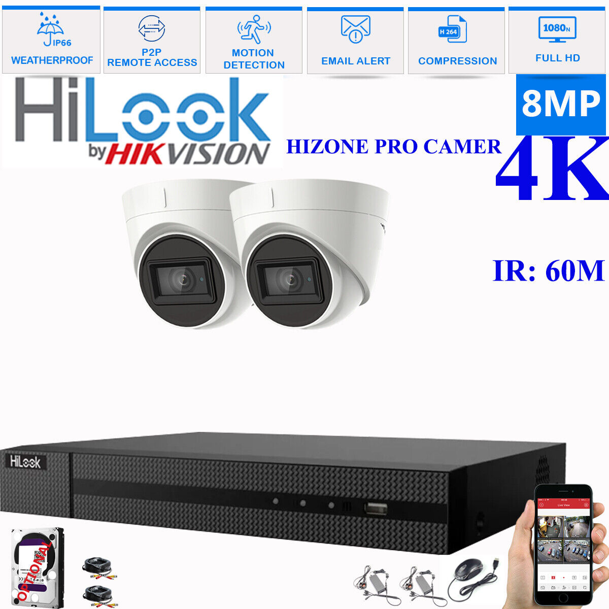 HIKVISION 8MP 4K CCTV HD DVR SYSTEM IN/OUTDOOR IR 60M CAMERA SECURITY KIT 4CH DVR 2xCameras (white) 3TB HDD