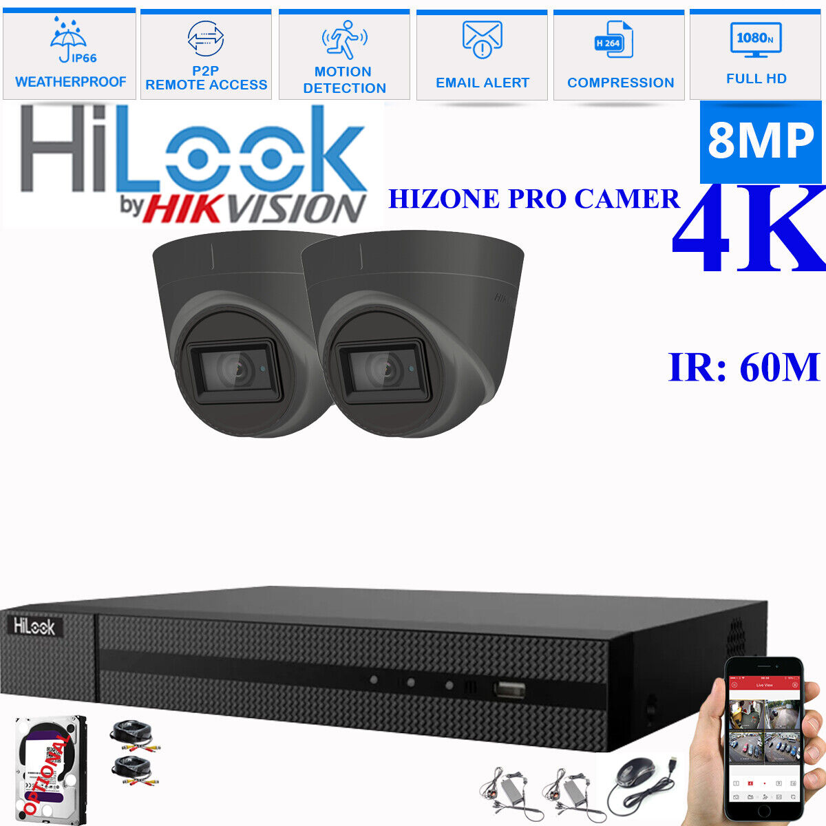 HIKVISION 8MP 4K CCTV HD DVR SYSTEM IN/OUTDOOR IR 60M CAMERA SECURITY KIT 4CH DVR 2xCameras (gray) 3TB HDD