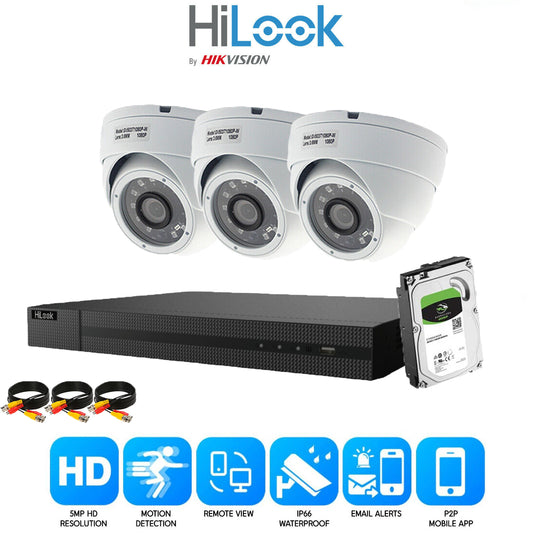 HIKVISION HILOOK 5MP CCTV SYSTEM 4CH DVR FULL HD 20M NIGHT VISION DOME CAMERAS 3x Cameras (White) 2TB HDD