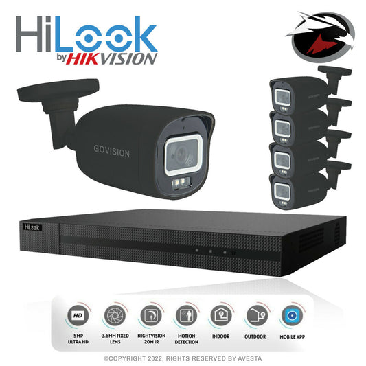 HIKVISION HILOOK 5MP CCTV SYSTEM DVR FULL HD 24/7 HOURS COLORFUL CAMERA KIT UK 8CH DVR 5x Cameras (gray) 4TB HDD