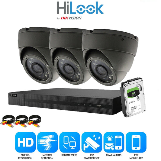 HIKVISION HILOOK 5MP CCTV SYSTEM 4CH DVR FULL HD 20M NIGHT VISION DOME CAMERAS 3x Cameras (Grey) 2TB HDD