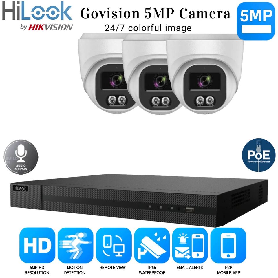 HiLook 4K ColorVu Audio IP CCTV System POE NVR 5MP Camera MIC Night vision Kit 4CH NVR 3xCameras 1TB HDD