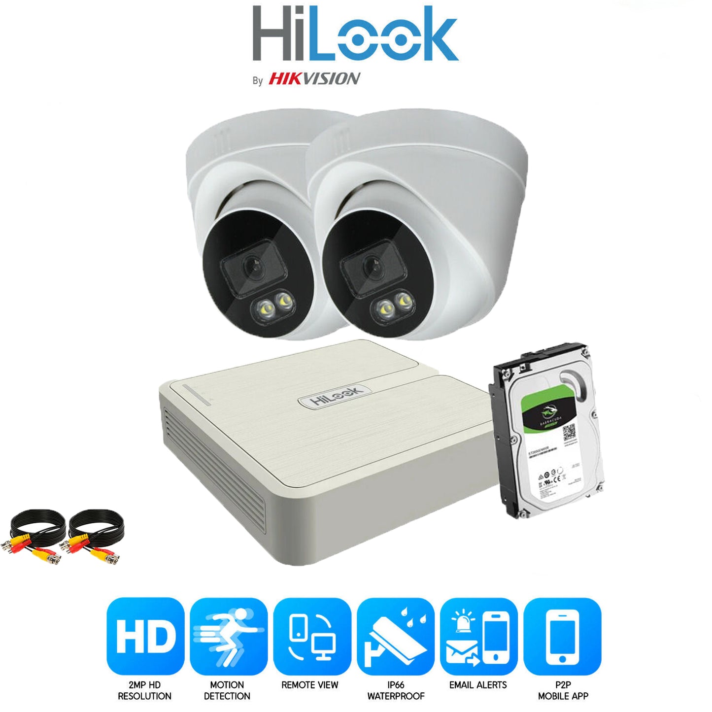 IN/OUTDOOR HIKVISION COLORVU CCTV SYSTEM HILOOK AUDIO MIC 2MP 1080CAMERA KIT 8CH DVR 2x Cameras 1TB HDD