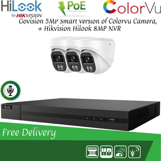 HIKVISION 8MP POE CCTV SYSTEM IP UHD NVR 5MP 24/7 COLORVU AUDIO MIC CAMERA KIT 4CH 3x Cameras(white) 1TB HDD