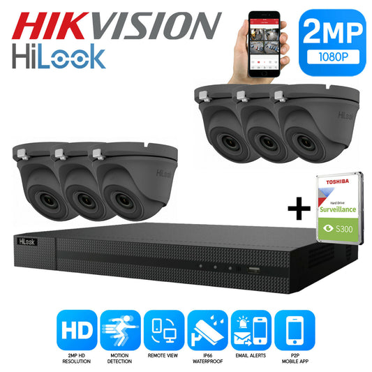 HIKVISION HILOOK CCTV SYSTEM KIT 8CH DVR 2MP TURRET CAMERA DAY/NIGHT UK 8CH DVR 6xCameras (gray) 4TB HDD