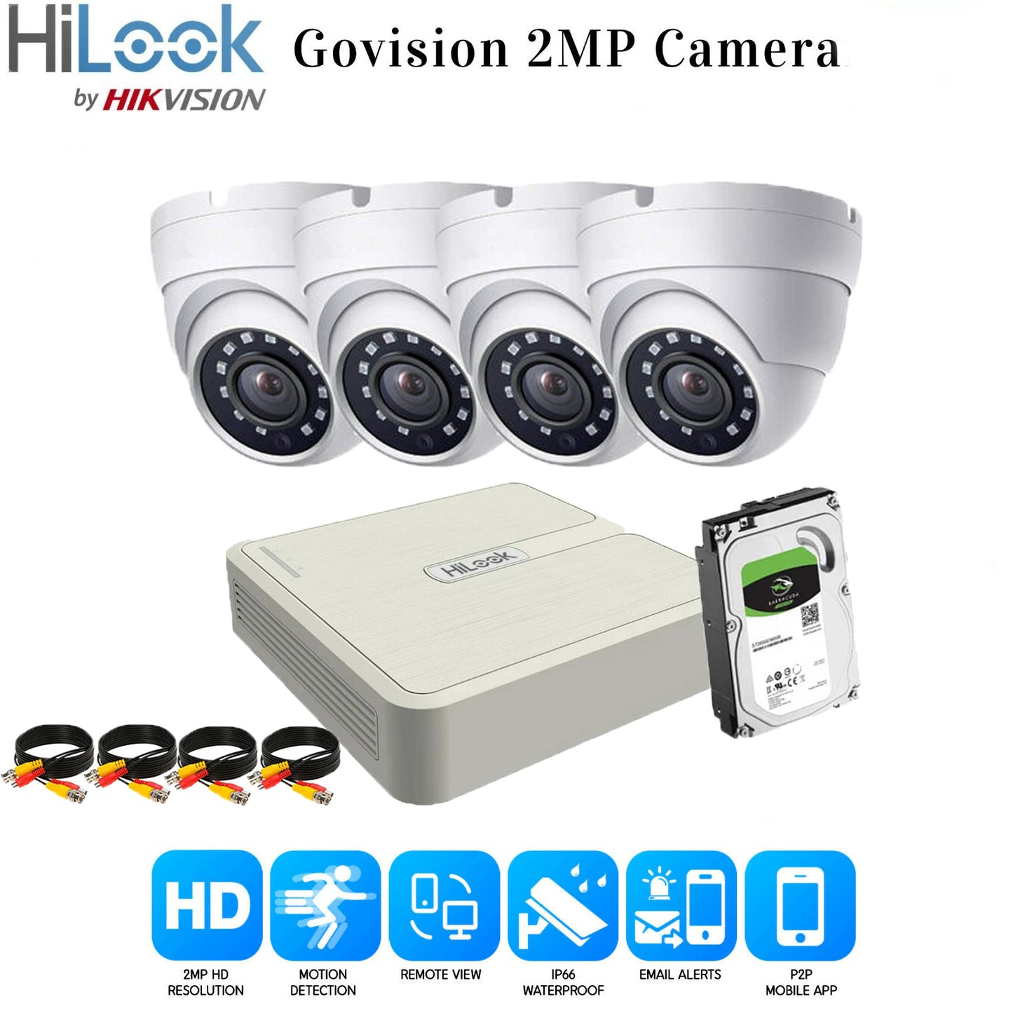 HIKVISION CCTV SYSTEM FULL HD DVR HD OUTDOOR CAMERA HOME SECURITY KIT 4CH DVR 4xCameras (white) 2TB HDD