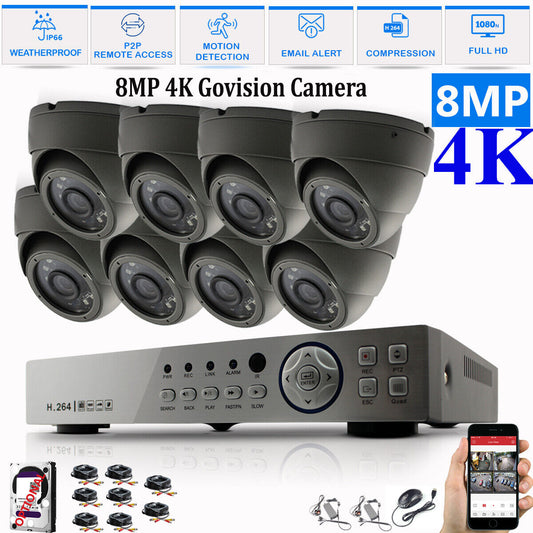 8MP CCTV System 4CH 8CH 4K Ultra HD DVR Dome Camera Home Security Kit Night UK 8CH DVR 8xCameras (gray) 1TB HDD