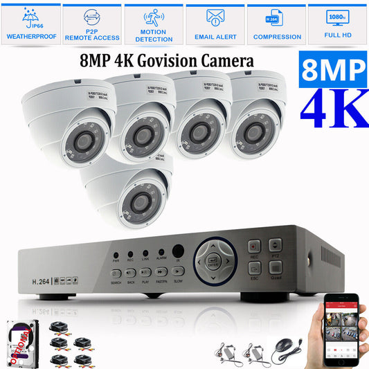 8MP CCTV System 4CH 8CH 4K Ultra HD DVR Dome Camera Home Security Kit Night UK 8CH DVR 5xCameras (white) 3TB HDD