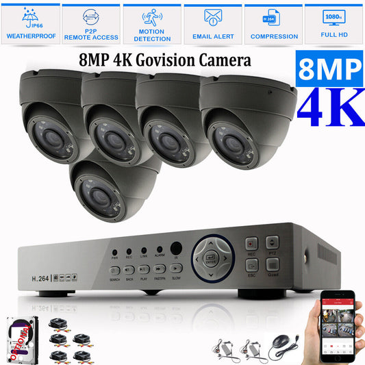 8MP CCTV System 4CH 8CH 4K Ultra HD DVR Dome Camera Home Security Kit Night UK 8CH DVR 5xCameras (gray) 3TB HDD