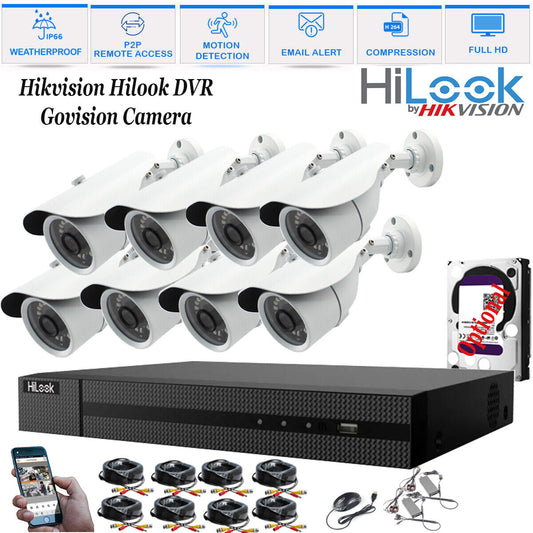 HIKVISION HILOOK CCTV HD 1080P NIGHTVISION OUTDOOR DVR HOME SECURITY SYSTEM KIT 8CH DVR 8xCameras (white) 3TB HDD