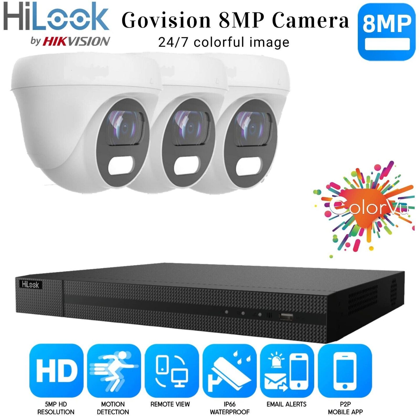 HIKVISION 8MP COLORVU CCTV SYSTEM UHD 8MP DVR 4K 24/7 COLORVu OUTDOOR CAMERA KIT 4CH DVR 3xCameras (white) 6TB HDD