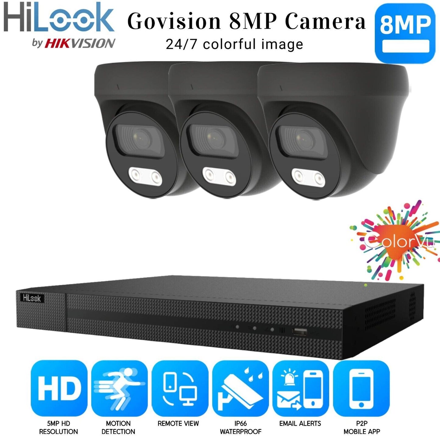 HIKVISION 8MP COLORVU CCTV SYSTEM UHD 8MP DVR 4K 24/7 COLORVu OUTDOOR CAMERA KIT 4CH DVR 3xCameras (gray) 6TB HDD