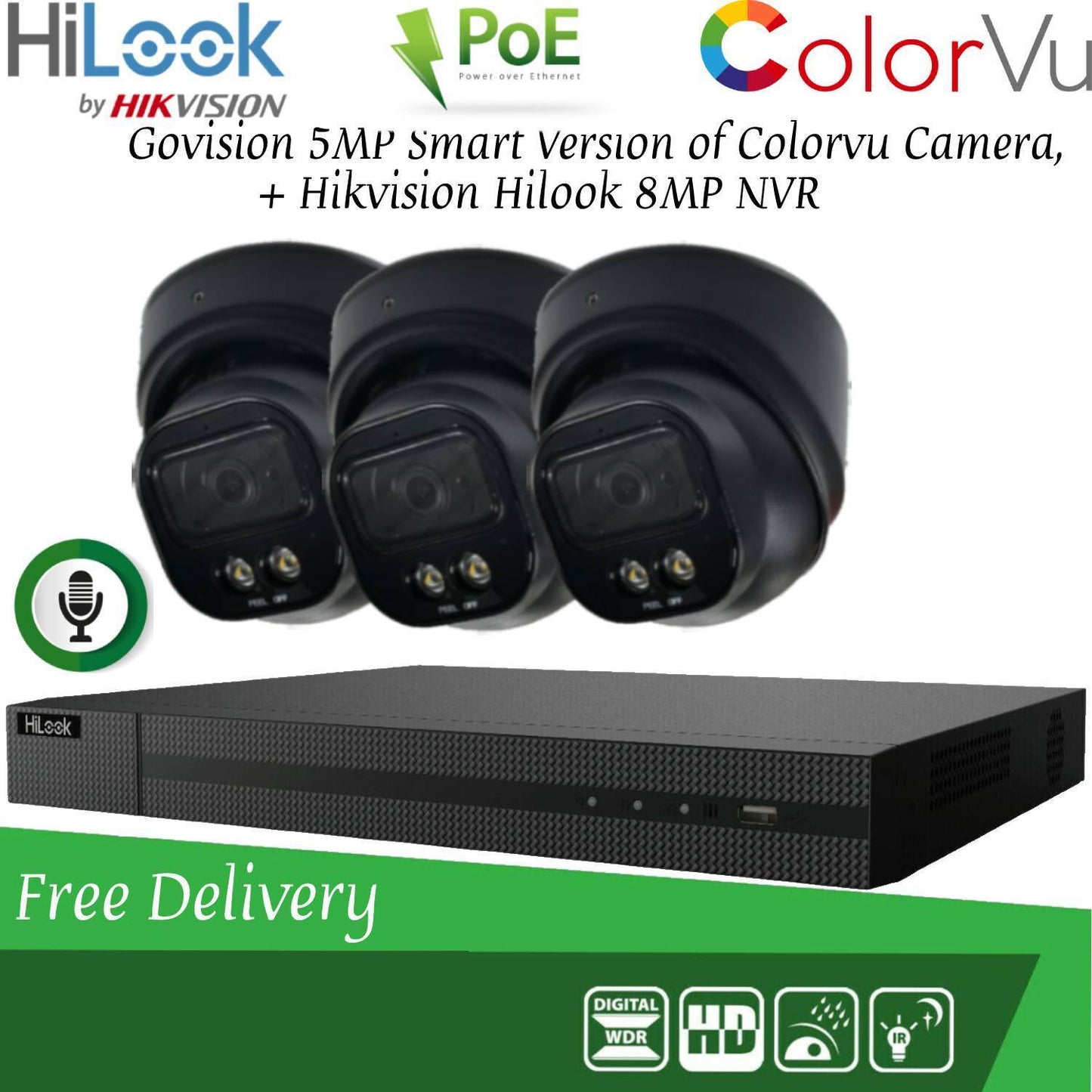 HIKVISION 8MP POE CCTV SYSTEM IP UHD NVR 5MP 24/7 COLORVU AUDIO MIC CAMERA KIT 4CH 3x Cameras (Black) 4TB HDD