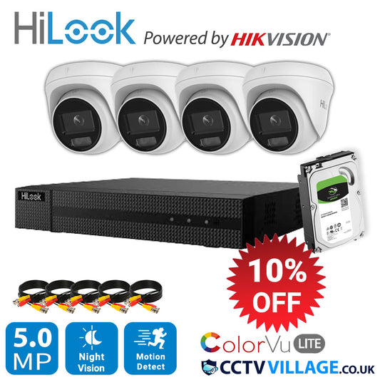 HiLook COLORVU POE CCTV SYSTEM IP UHD 8MP NVR 4K 5MP 24/7 COLORVU CAMERA KIT 4CH NVR 4x Cameras 1TB HDD