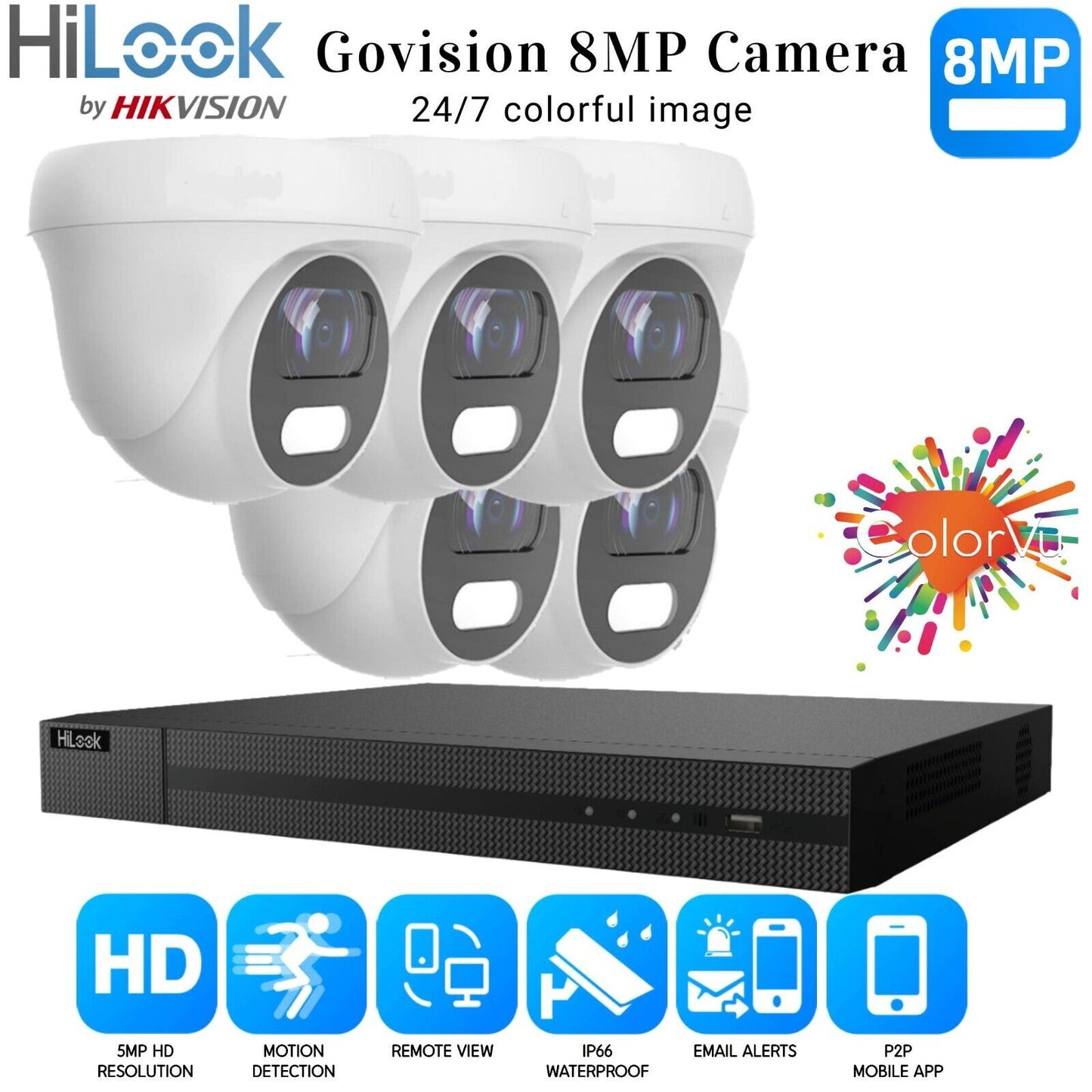 HIKVISION 8MP COLORVU CCTV SYSTEM UHD 8MP DVR 4K 24/7 COLORVu OUTDOOR CAMERA KIT 8CH DVR 5xCameras (white) 1TB HDD