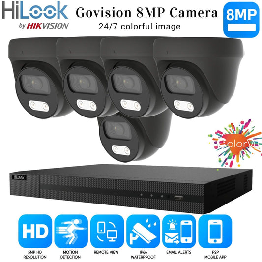 HIKVISION 8MP COLORVU CCTV SYSTEM UHD 8MP DVR 4K 24/7 COLORVu OUTDOOR CAMERA KIT 8CH DVR 5xCameras (gray) 1TB HDD