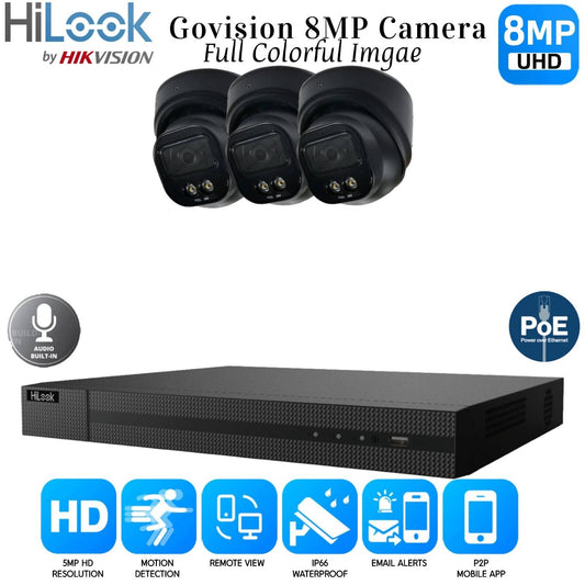 HiLook 4K ColorVu Audio IP CCTV System POE NVR 8MP Camera MIC Night vision Kit 4CH NVR 3xCameras 1TB HDD