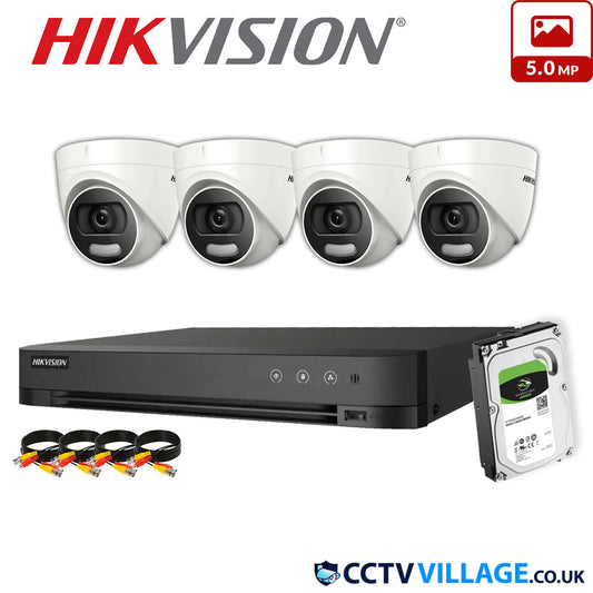 Hikvision 4x Camera System 4 Channel 1080p 1U H.265 AcuSense DVR with 10TB HDD 5MP ColorVu Fixed Turret Camera DS-2CE72HFT-F(3.6mm)