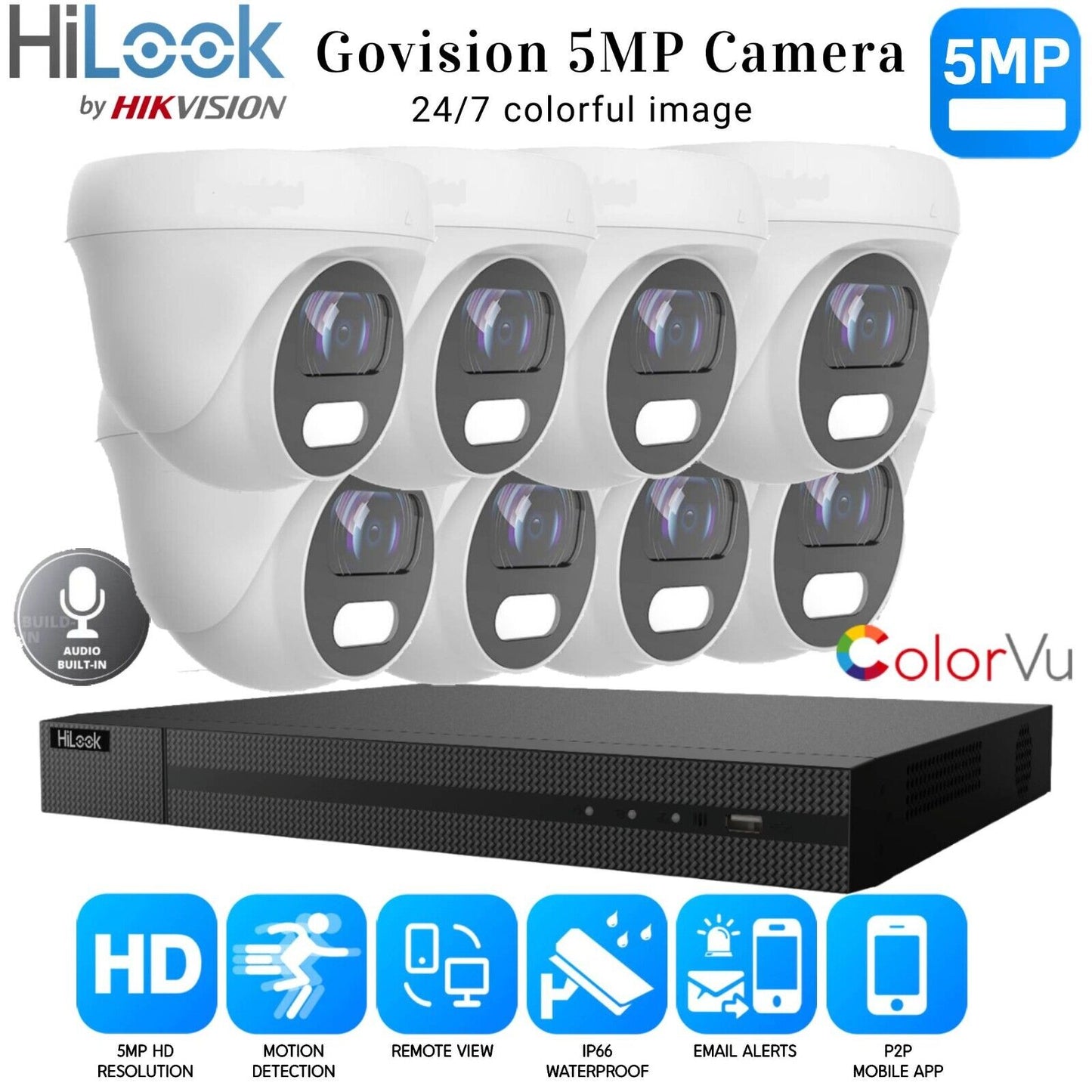 HIKVISION COLORVU CCTV SYSTEM HD 5MP 24/7 COLORVu CAMERA KIT UK 8CH DVR 8x Cameras (white) 1TB HDD