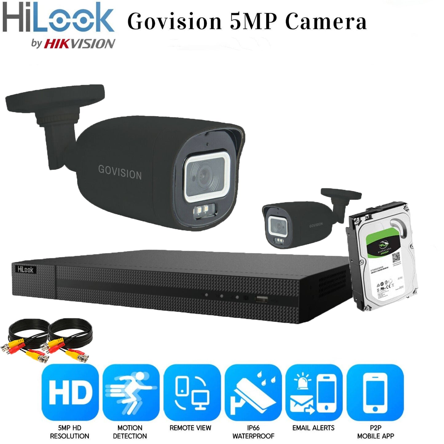 HIKVISION HILOOK 5MP CCTV SYSTEM DVR FULL HD 24/7 HOURS COLORFUL CAMERA KIT UK 4CH DVR 2x Cameras (gray) 2TB HDD