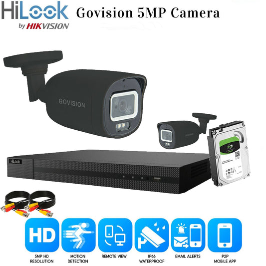 HIKVISION HILOOK 5MP CCTV SYSTEM DVR UHD 24/7 HOURS COLORFUL NIGHTVISION CAMERA 4CH DVR 2xCameras (gray) 2TB HDD