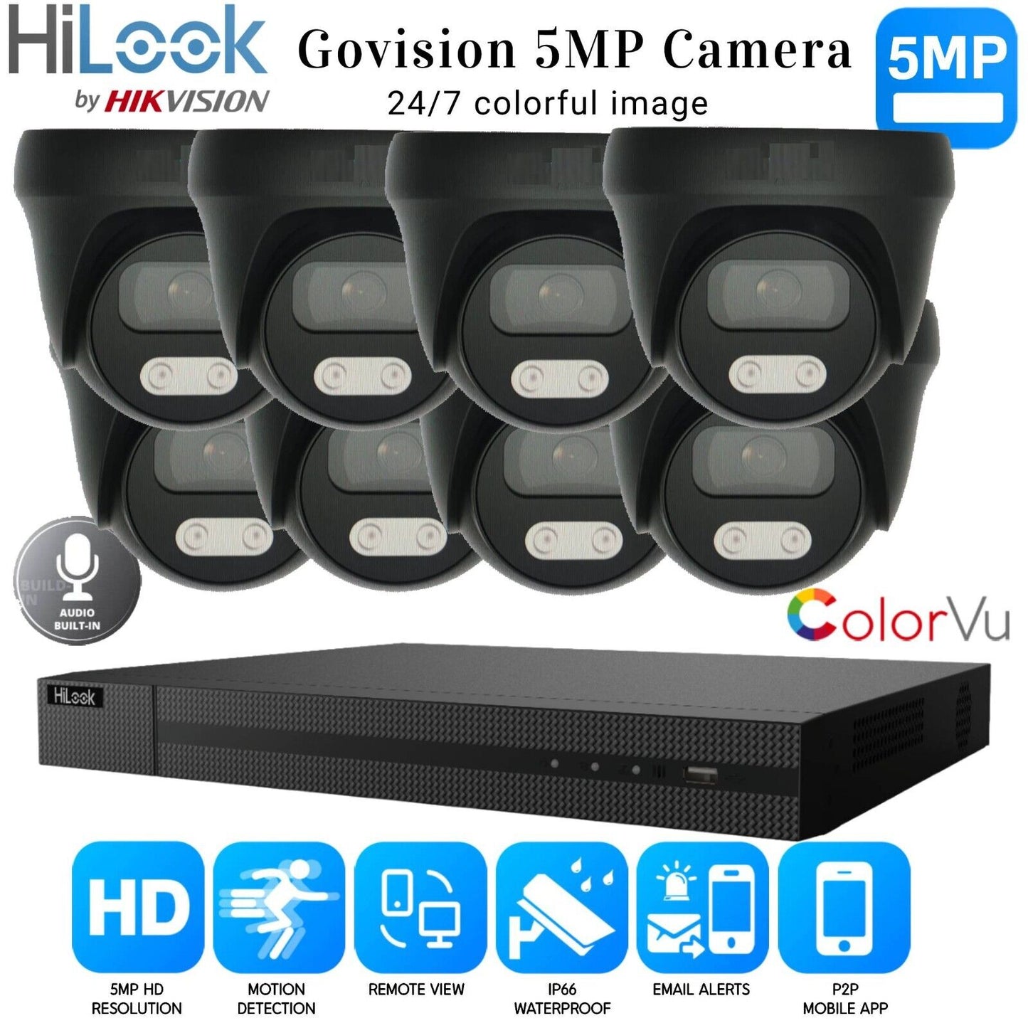 HIKVISION 5MP COLORVU AUDIO MIC CCTV SECURITY OUTDOOR INDOOR CAMERA SYSTEM KIT 8CH DVR 8x Cameras (gray) 1TB HDD