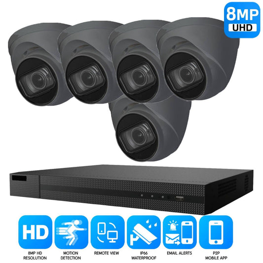 8MP CCTV 4K KIT DVR SYSTEM OUTDOOR ULTRA HD HOME CAMERA SECURITY KIT NIGHTVISION 8CH DVR 5xCameras (gray) 4TB HDD