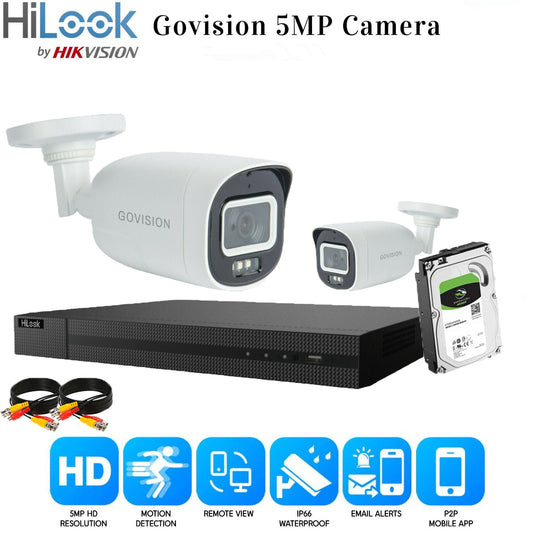 HIKVISION HILOOK 5MP CCTV SYSTEM DVR FULL HD 24/7 HOURS COLORFUL CAMERA KIT UK 4CH DVR 2x Cameras (white) 2TB HDD