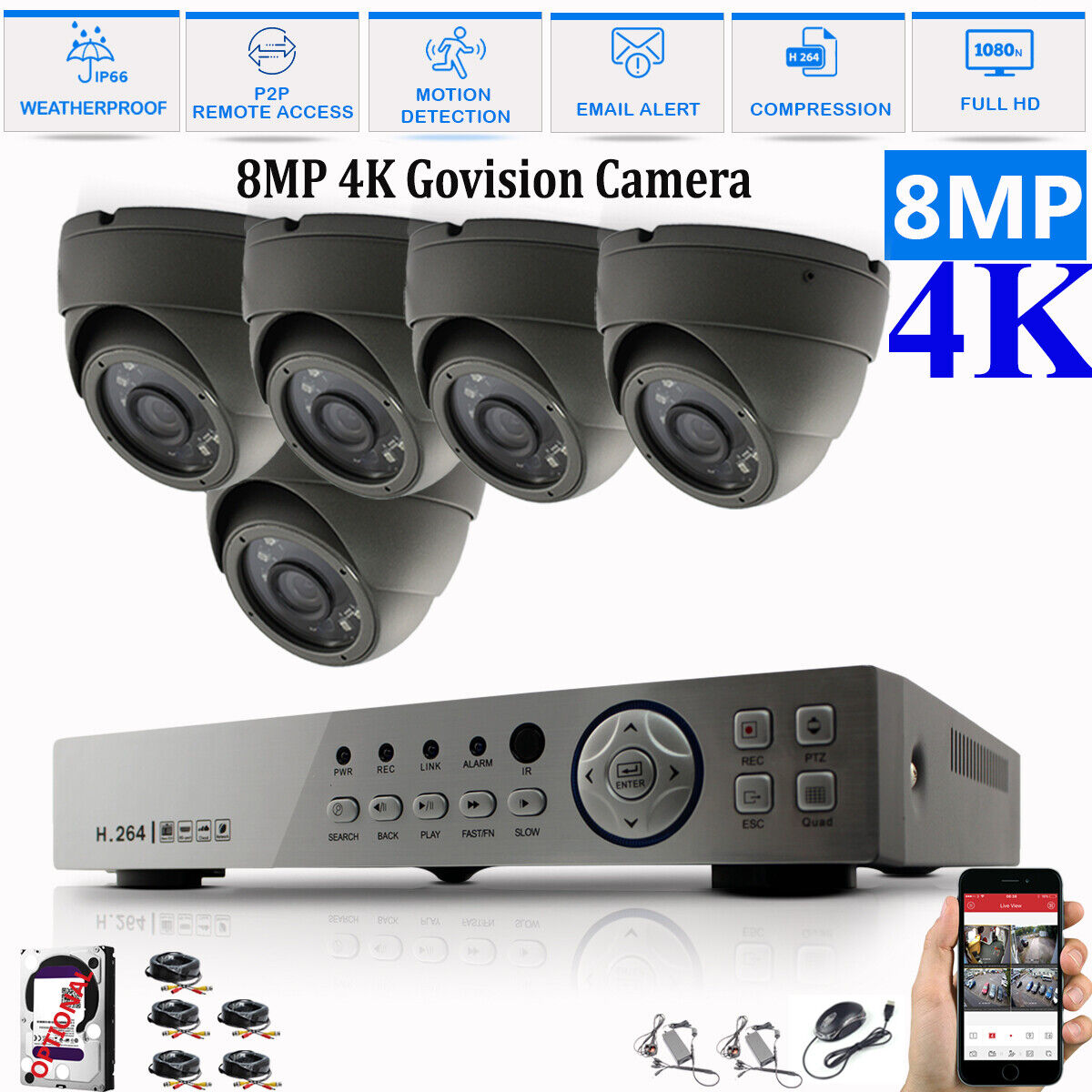 8MP CCTV System 4CH 8CH 4K Ultra HD DVR Dome Camera Home Security Kit Night UK 8CH DVR 5xCameras (gray) 4TB HDD