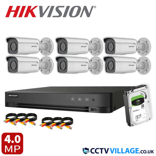 Hikvision 6x Camera Kit 8 Channel 1080p 1U H.265 AcuSense DVR with 1TB HDD 4MP ColorVu Strobe Light and Audible Warning Fixed Bullet Network Camera (DS-2CD2T47G2-LSU/SL)