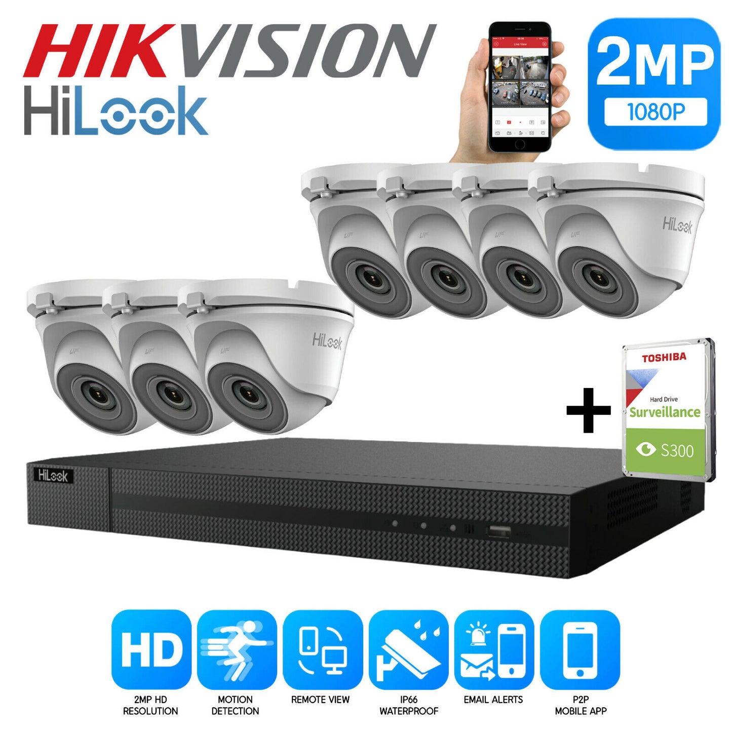 HIKVISION HILOOK CCTV SYSTEM KIT 8CH DVR 2MP TURRET CAMERA DAY/NIGHT UK 8CH DVR 7xCameras (white) 3TB HDD