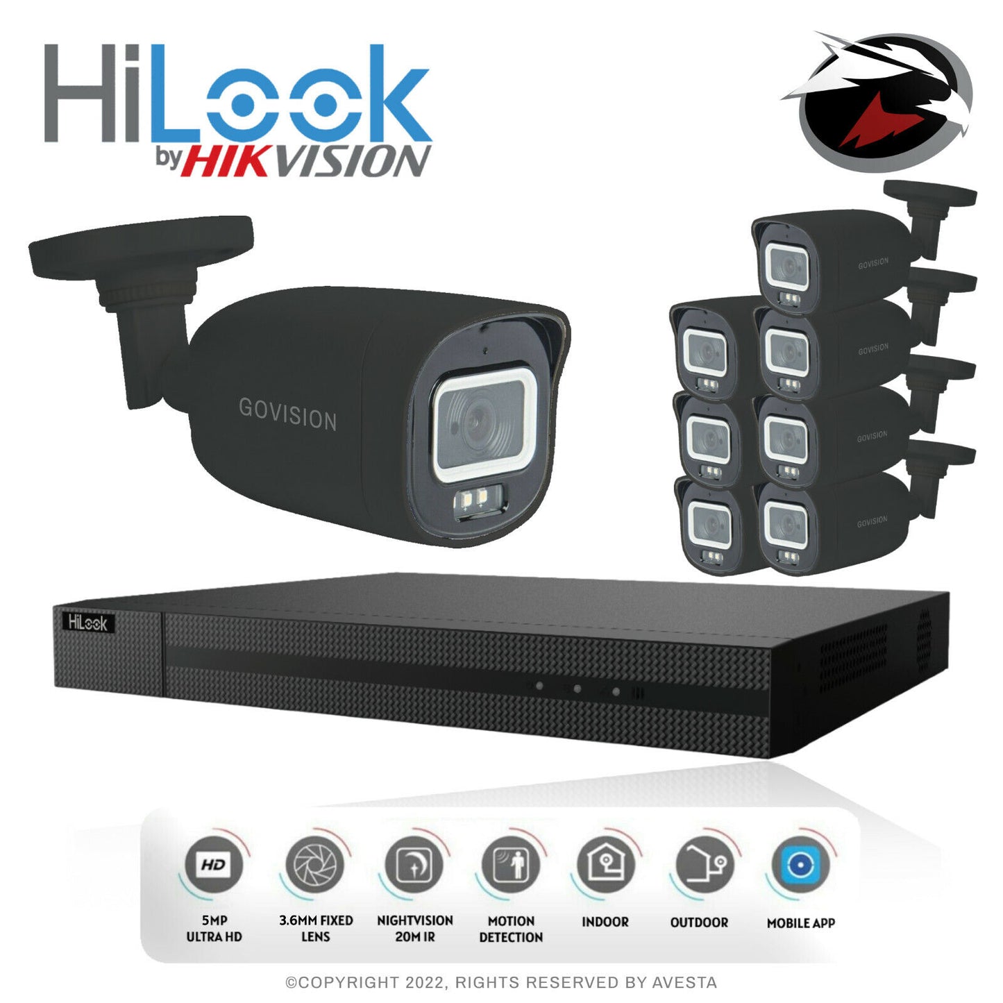 HIKVISION HILOOK 5MP CCTV SYSTEM DVR UHD 24/7 HOURS COLORFUL NIGHTVISION CAMERA 8CH DVR 8xCameras (gray) 1TB HDD